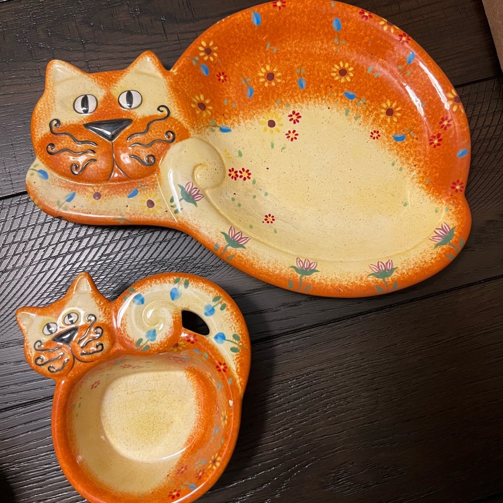 Orange and Cream Cat Shaped Ceramic Plate and Bowl